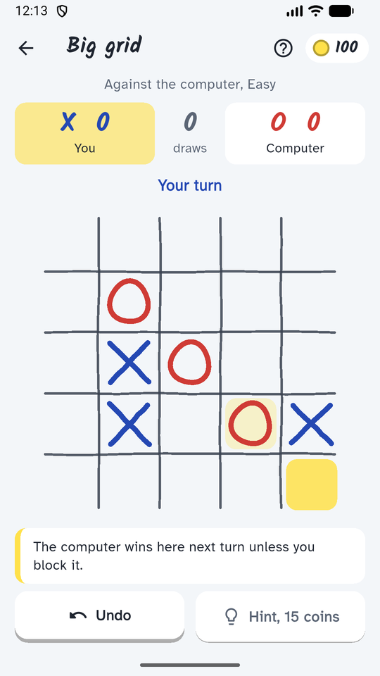 A hint highlighting the best square, with a note explaining it makes two winning threats