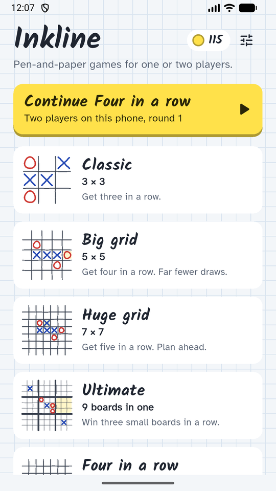 Inkline's home screen listing five games and a daily check-in