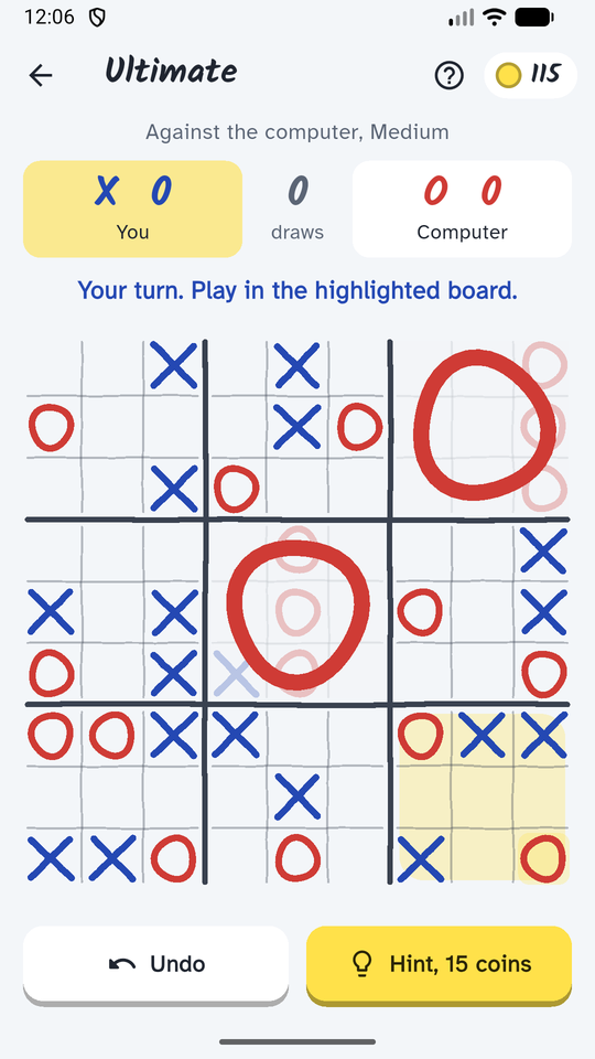 Ultimate tic tac toe: nine small boards with the active one highlighted